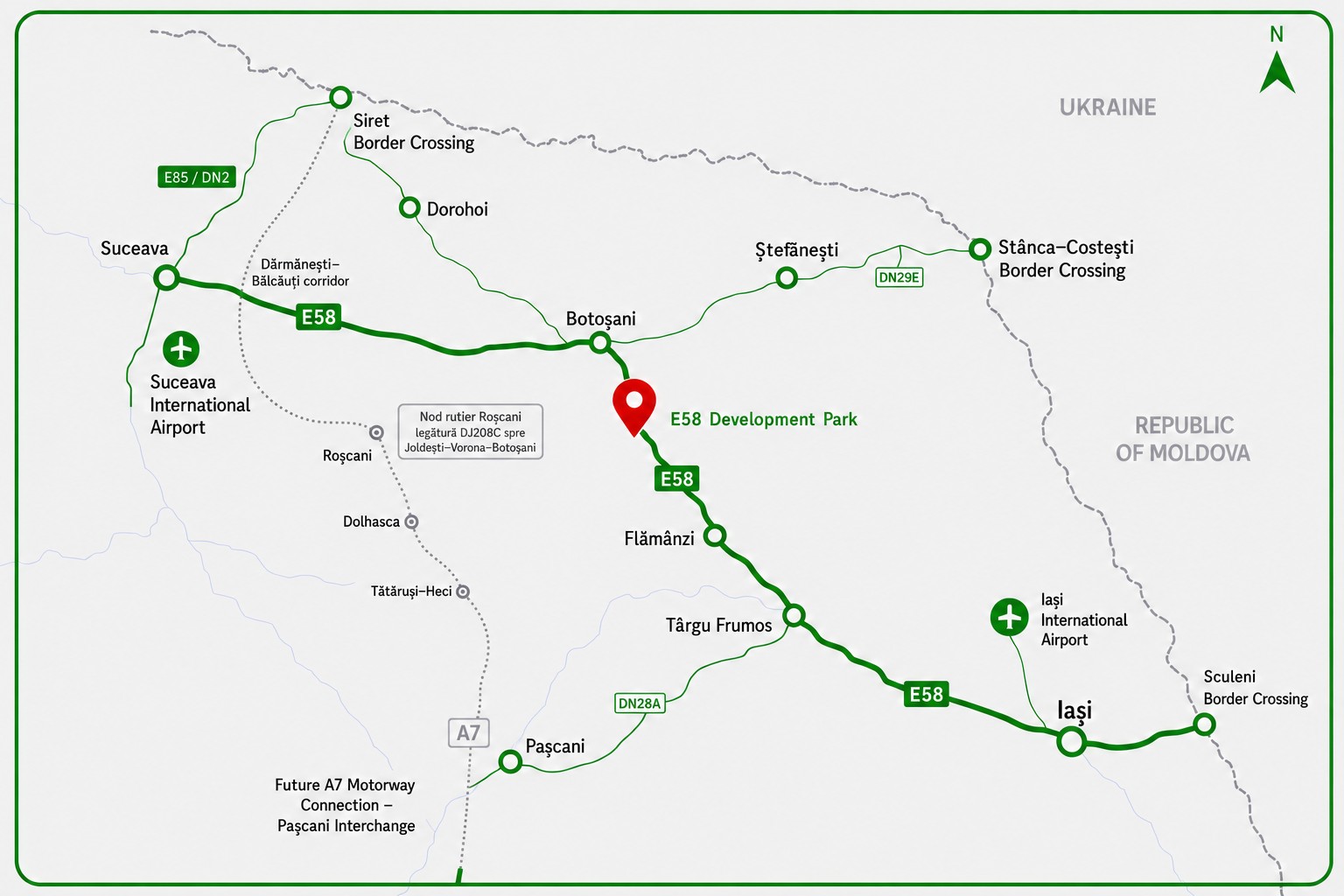 Regional map showing E58 Development Park on the E58 south of Botoșani, with Suceava and Iași airports, the Siret, Stânca–Costești and Sculeni border crossings, and the future A7 motorway near Pașcani